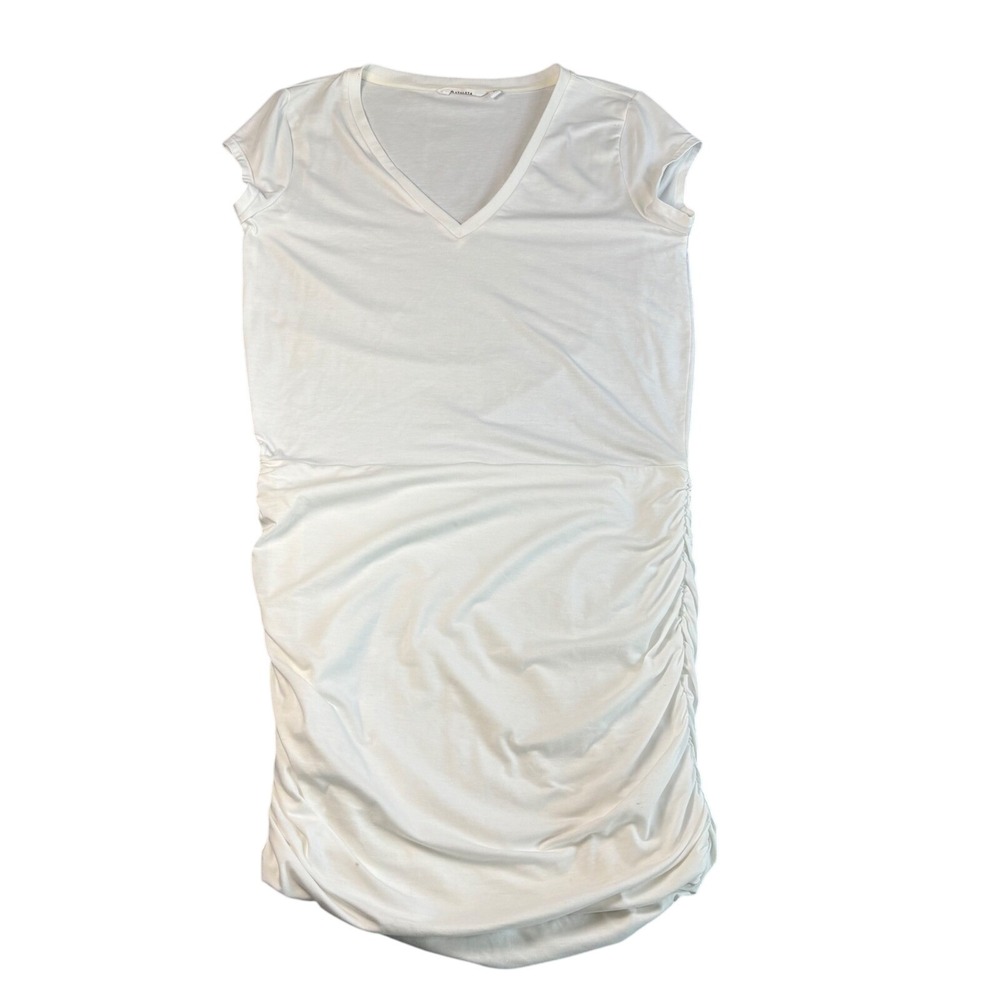 Athleta White V-Neck Ruched Side Dress